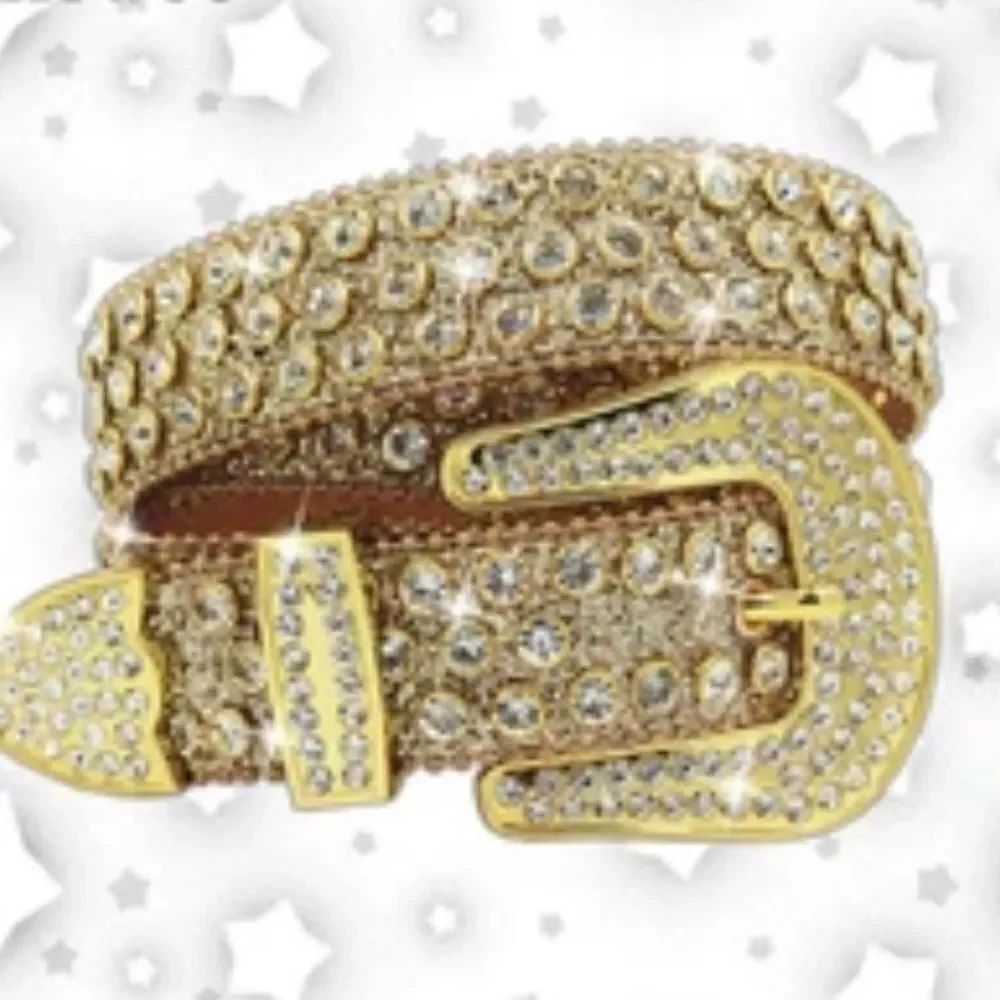 Gold Buckle Decorated Belt w/ White Studded Rhinestones l New